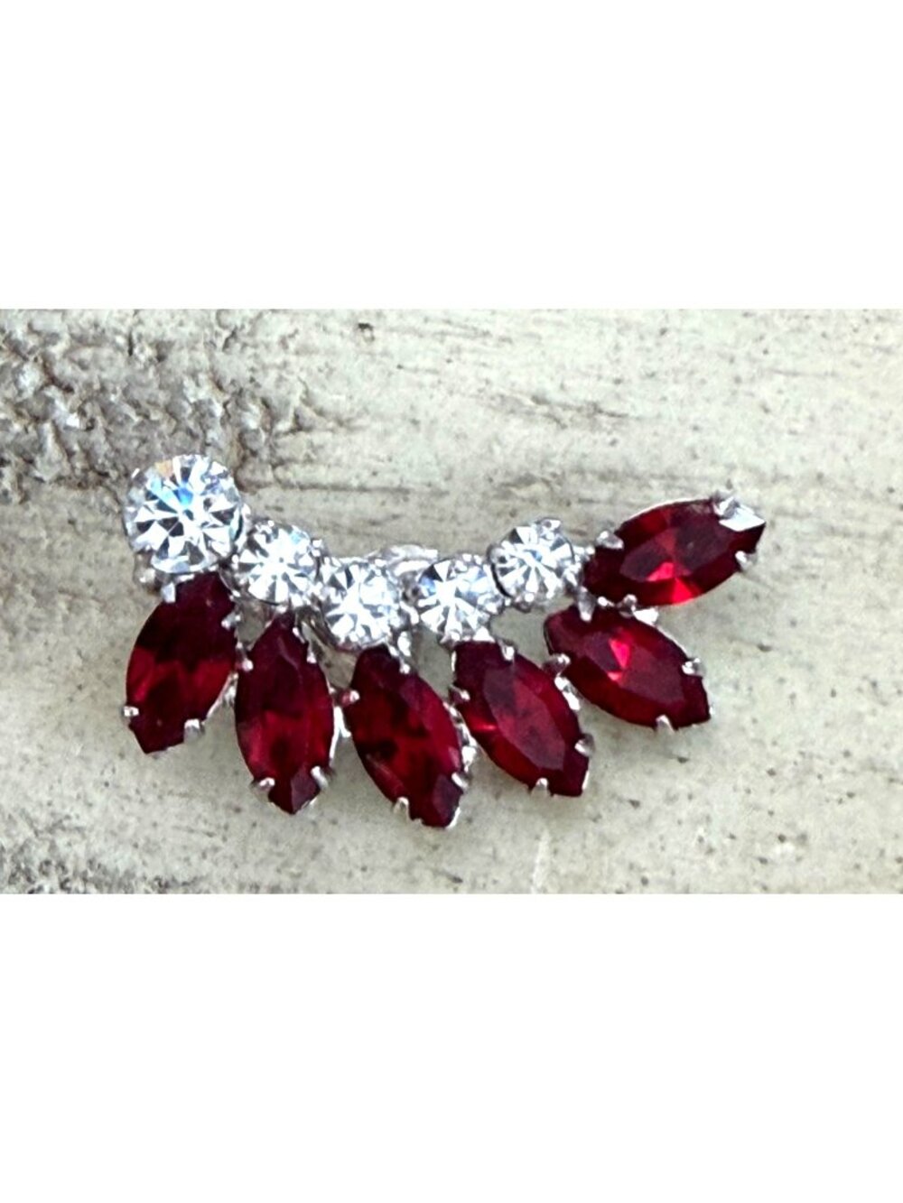 David Sigal Clip Earrings Silver Tone Red Marquise Clear Stones Signed Vintage - Picture 8 of 9